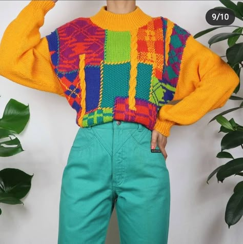 80s Colorful Fashion, Bright Retro Outfits, Colorful Alt Outfits, Bright Clothes Aesthetic, Colorful Vintage Outfits, Colorful Retro Outfits, Colorful Clothes Aesthetic, Funky Sweaters, Bright Clothes