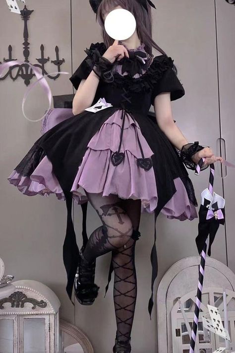 Fabric: Polyester Color: Black/Purple Collar: Round Collar Sleeve Length: Short Sleeves Feature: Multi-layer, Cardigan Style: Gothic Clothing Type: Dress Include: Dress*1 (Any of the accessory is not included.) Size (IN) Bust Waist Sleeve Length Shoulder Width Length S 34.25 27.56 9.06 12.60 32.68 M 35.83 29.13 9.25 12.99 33.07 L 37.40 30.71 9.45 13.39 33.46 XL 38.98 32.28 9.65 13.78 33.86 Size (CM) Bust Waist Sleeve Length Shoulder Width Length S 87 70 23 32 83 M 91 74 23.5 33 84 L 95 78 24 34 85 XL 99 82 24.5 35 86 Dark Purple Gothic Dress, Cute Goth Fashion, Pastel Goth Outfits Aesthetic, Witch Outfit Aesthetic, Purple Gothic Dress, Purple And Black Outfits, Kuromi Dress, Goth Outfits Aesthetic, Black Victorian Dress