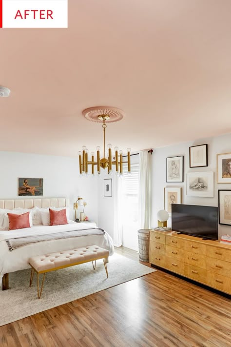 Before & After: This Bedroom Is the Perfect Argument for Painting Your Ceiling Pink | Apartment Therapy Pink Apartment, Pink Ceiling, Accent Ceiling, Wallpaper Ceiling, Colored Ceiling, Pink Home Decor, Bedroom Ceiling, Minimalist Furniture, Painted Ceiling