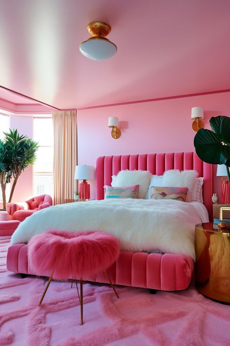 Ideas For Room Colors, Hot Pink Bed Frame, Small Colourful Bedroom Ideas, Hot Pink Bedroom Ideas For Adults, 70s Pink Bedroom, Hot Pink Furniture Bedroom, Hot Pink Interior Design, Barbiecore Living Room, Diy Pink Home Decor