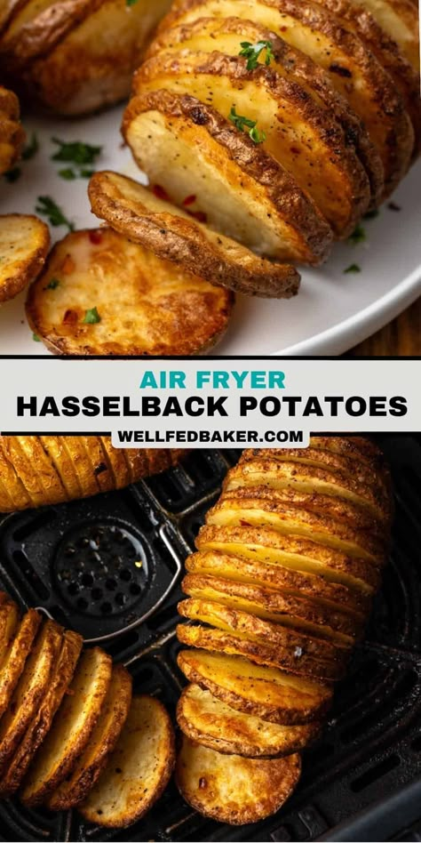 Air Fryer Hasselback Potatoes, Sliced Baked Potatoes, Baked Potato Slices, Air Fryer Potato, Air Fryer Baked Potato, Air Fryer Potatoes, Air Fryer Food, Hasselback Potatoes, Air Fryer Cooking