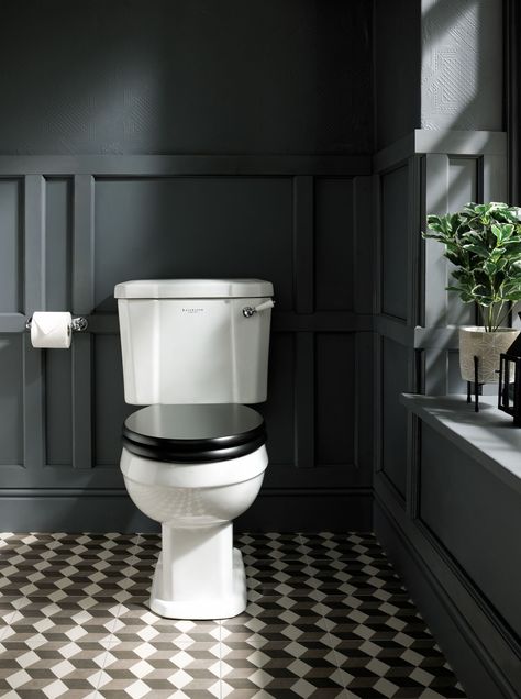 Fitzroy Close Coupled WC with Black Soft Close seat White Toilet Black Seat, Black Toilet Seat Bathroom Ideas, Black Wc Toilets, Cottage Toilet, Black Toilet Seat, Bathroom Panelling, Black Toilet Seats, Downstairs Wc, Toilet Ideas