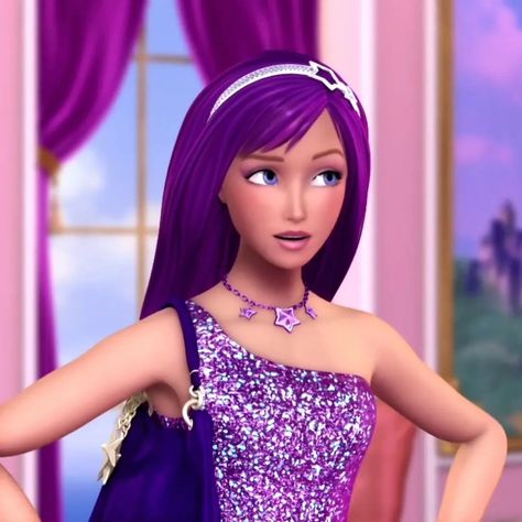 Barbie The Princess And The Popstar, Purple Barbie Aesthetic, Purple Cartoon Characters, Barbie Pop Star, Purple Barbie, Barbie Hairstyle, Barbie Aesthetic, Barbie Drawing, Barbies Pics