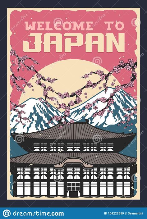 Japan Culture Aesthetic, Japanese Culture Aesthetic, Ip Widget, Sakura Poster, Vintage Japanese Poster, Japan Postcard, Buddhist Pagoda, Welcome To Japan, Buddhist Architecture