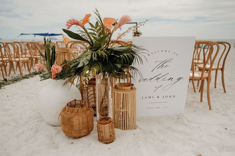 Beach Wedding Ceremony Florals, Boho Wedding Lanterns, Tropical Beach Wedding Decorations, Tropical Welcome Sign Wedding, Beach Wedding Welcome Party, Modern Tropical Wedding Centerpieces, Tropical Wedding Sign, Beach Wedding Welcome Sign, Orange Tropical Wedding