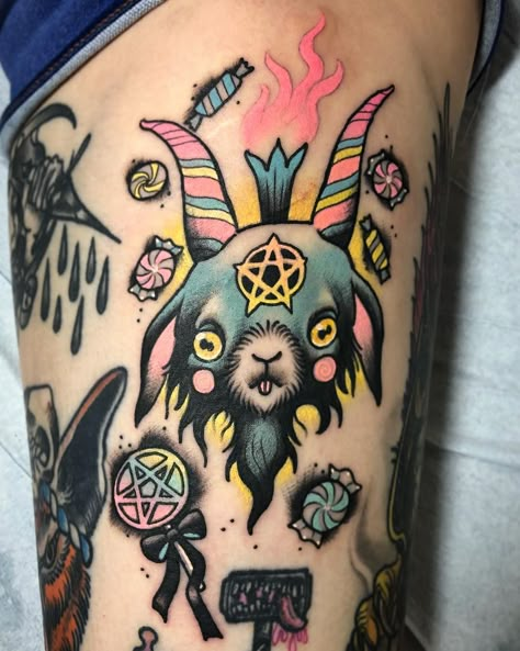 Baphomet Tattoo, Pastel Tattoo, Spooky Tattoos, Horror Tattoo, Now Booking, Badass Tattoos, Halloween Tattoos, Dark Tattoo, Dope Tattoos