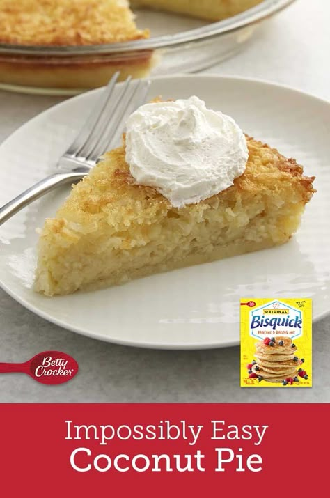 Enjoy a scrumptious coconut pie that’s impossibly easy to make because there’s no crust to roll. Bisquick Impossible Coconut Pie, Bisquick Coconut Impossible Pie, Impossible Coconut Pie Bisquick, Impossible Coconut Pie Bisquick Recipe, Bisquick Impossible Apple Pie Recipes, Impossible Pie Bisquick, Crustless Coconut Pie Recipe, Crustless Coconut Pie, Easy Coconut Pie