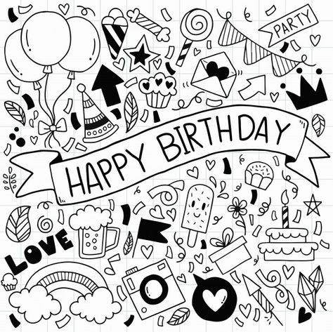 Doodle Happy Birthday, Birthday Ornaments, Happy Birthday Doodles, Banner Doodle, Diy Gifts Videos, Birthday Doodle, Birthday Card Drawing, School Coloring Pages, Hand Lettering Drawing