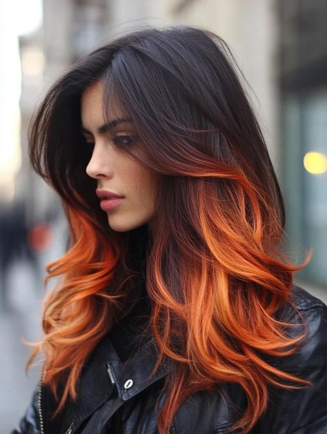 Brunette Copper Ombre, Black To Orange Ombre Hair, Auburn Hair Ombre, Red To Orange Ombre Hair, Brown To Orange Ombre, Brunette To Red Hair Balayage, Brown To Red Ombre Hair, Red Hair With Shadow Root, Ginger And Purple Hair