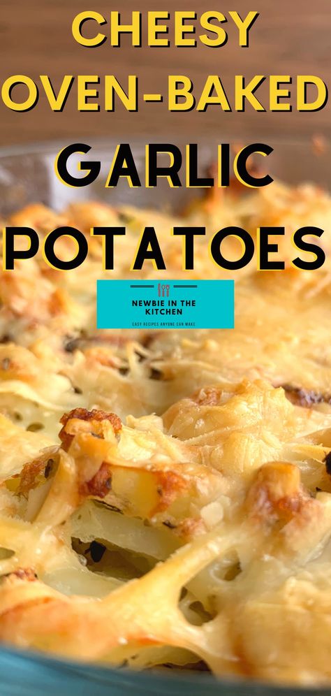 Cheesy Oven-Baked Garlic Potatoes. A simple, easy side dish recipe, with fluffy potatoes, cheese, and onions, baked in a tasty garlic and herb mix. The perfect cheesy potato bake! Easy Garlic Potatoes, Cheesy Garlic Potatoes In Oven, Garlic Cheese Potatoes, Cheesy Potatoes In Oven, Cheesy Garlic Potatoes, Diced Potatoes In Oven, Oven Cheesy Potatoes, Potato Recipes In Oven, Baked Diced Potatoes