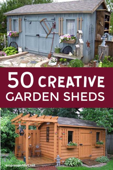 50 creative garden shed ideas for storage, crafts, potting plants, and sleeping. Browse the photos from home gardens. Serre Diy, Garden Diy Decoration Ideas, Garden Shed Plans, Garden Shed Diy, Garden Shed Ideas, Shed Ideas, Greenhouse Plans, Backyard Sheds, Backyard Shed