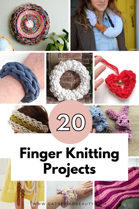 What Can You Make With Finger Knitting — Gathering Beauty Diy Hand Knitting Projects, Stuff To Finger Knit, Finger Knitting Scarf Tutorial, Finger Yarn Projects, What To Do With Finger Knitting, Finger Weaving Patterns, Things You Can Make With Yarn, No Knit Yarn Projects, Things To Make With Finger Knitting