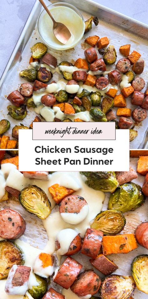 For a healthy and simple sheet pan dinner, try roasted brussels sprouts and sweet potatoes with chicken sausage. This easy idea is perfect for the whole family and is one of the best baked meals you can make. Chicken Sausage Sheet Pan Dinner, Chicken Sausage Sheet Pan, Dinner With Veggies, Sausage Sheet Pan Dinner, High Fiber Dinner, Sausage Sheet Pan, Baked Brussel Sprouts, Sprouting Sweet Potatoes, Sweet Potato Dinner