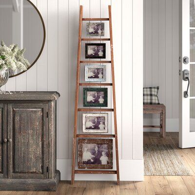 August Grove® Scriber Wood and MDF 6-Photo Ladder | Wayfair Pallet Picture Frames, Pallet Pictures, Distressed Wood Wall, Old Ladder, Picture Frame Decor, Hanging Picture Frames, Deco Originale, Wooden Ladder, French Country Decorating