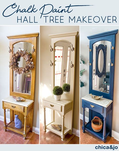 Hall Tree Makeover, Hall Tree Decorating Ideas, Painted Hall Tree, Hallway Stand, Hall Tree With Mirror, Antique Hall Tree, Door Diy Projects, Recycled Door, Chalky Finish Paint