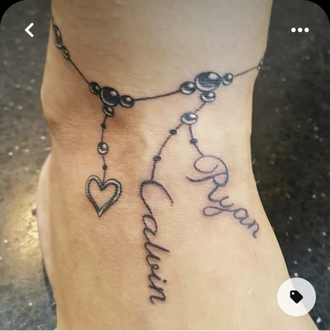 Mom Ankle Tattoo, Anklet Charm Tattoos For Women, Charm Bracelet Tattoo For Women, Ankle Bracelet Tattoo With Names, Anklet Tattoos For Women Unique, 3 Kids Tattoo Ideas Mom, Wrist Bracelet Tattoos For Women, 3 Names Tattoo Ideas, Ankle Bracelets Tattoos For Women