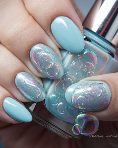 💙✨ Dive into a dreamy world where soft pastel blues and whimsical bubble designs come to life! Each stroke captures the airy essence of floating bubbles, making your nails a canvas of playful artistry. Embrace the enchantment and let your fingertips drift into a sea of serenity! 🌈💅 #BubbleNails #PastelDreams Bubble Inspired Nails, Blue Bubble Nails, Bubble Design Nails, Pastel Blue Nail Art, Nail Art Bubbles, Dreamy Blue Nails, Soap Bubble Nail Art, Pastel Blue Nails, Floating Bubbles