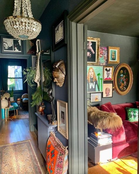 Dark Maximalist Wall Decor, Bright Gothic Decor, Maximalist Living Room Ideas, Moody Maximalist Decor, Dark Eclectic Home, Cozy Eclectic Home, Cozy Eclectic Living Room, Bohemian Eclectic Decor, Maximalist Decor Eclectic