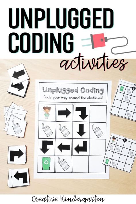 Unplugged Coding activities for beginning coding skills. Use directional coding to program a path around obstacles. No tech needed for this fun, hands-on activity to practice how to code with kindergarten students. #coding #kindergarten #unpluggedcoding #creativekindergarten Kindergarten Coding, Unplugged Coding Activities, Coding Activities, Kindergarten Stem, Coding Games, Coding Skills, Coding Lessons, Teaching Coding, How To Code