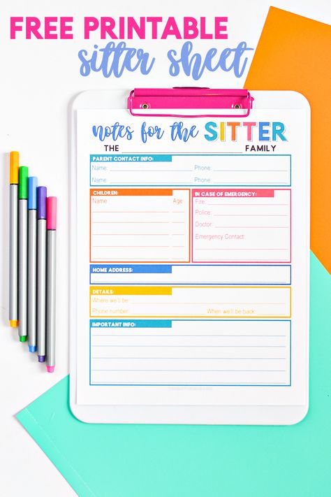 Help prepare your sitter to take great care of your children with this FREE notes for the sitter printable with everything they'll need to know while you're gone! Emergency Contact Printable, Babysitter Printable, Filofax Printables, Babysitter Notes, Organizational Printables, Note Sheet, Printable Chore Chart, Bullet Journal Printables, Childrens Artwork