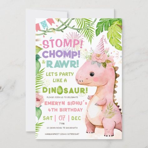 Create your own Invitation | Zazzle Dino Birthday Cakes, Dinosaur Second Birthday, Cute Dino Birthday, 2nd Birthday Dinosaur, Simple Birthday Invitations, Dino Invitation, Invitation For Birthday Party, Happy Birthday Sweetie, Pink Dinosaur Party