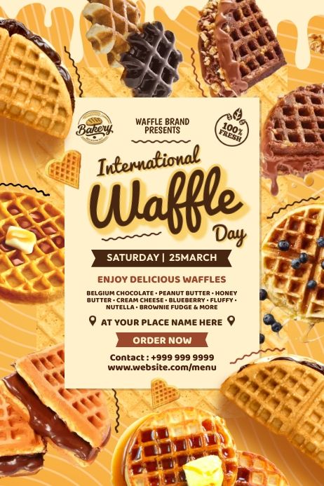 International Waffle Day Poster Template Waffle Poster Design, Waffle Menu Design, Waffles Pictures, Waffle Poster, National Waffle Day, Cover Page For Project, Waffle Day, Logo Aesthetic, Belgium Chocolate