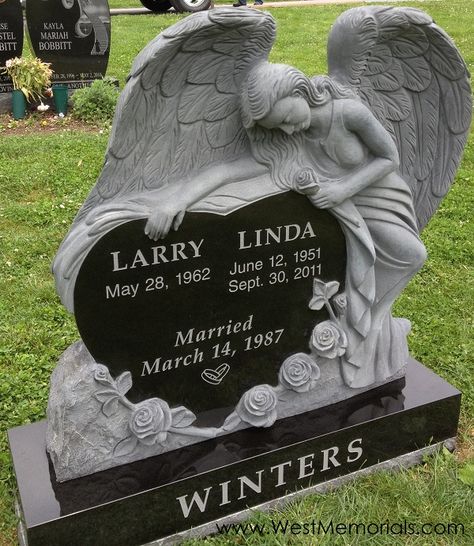 WestMemorials.com designs and creates beautiful custom cemetery headstones. This hand carved angel with polished heart is made from black granite. Designed by memorialist Missy West, each of our monuments is created with direction of the family. West Memorials letters, ships and installs all memorials. Please contact us at 800.508.6022 or visit our website at www.westmemorials.com for more designs and information. Headstone Designs, Granite Monuments, Grave Headstones, Tombstone Designs, Granite Headstones, Grave Stones, Cemetery Monuments, Green Granite, Cemetery Headstones