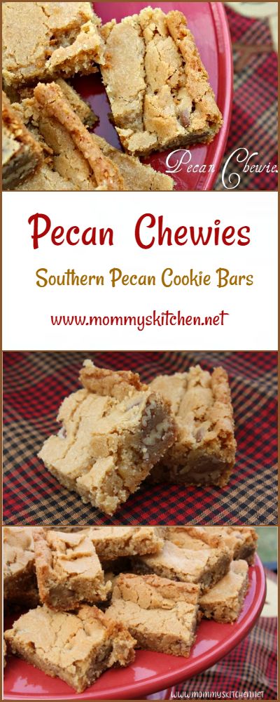 Have you ever had a Pecan Chewie? Pecan Chewies are a traditional southern cookie bar filled with butter, brown sugar and pecans. These southern cookie bars are sort of a cross between a Butterscotch Blondie and a shortbread cookie, but filled with pecans! If you like a cookie bar that's chewy on the inside and crispy on the outside than this is for you! #cookies #cookiebars #pecans #pecancookiebars #pecanchewies #mommyskitchen Pecan Chewies Recipe 12 Tomatoes, Butter Pecan Shortbread Cookies Recipe, Pecan Chewy Bars, Chewy Pecan Bars, Carolina Pecan Bars 12 Tomatoes, Butter Pecan Brownies, Carolina Pecan Bars, Chewy Recipes, Pecan Goodies