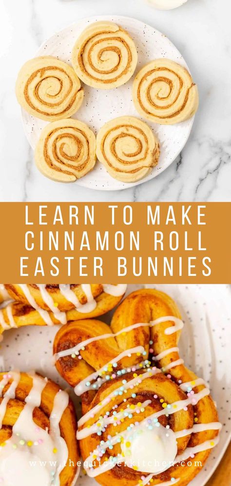 Quick & easy to make, these Easter bunny cinnamon rolls are a perfect treat to add to any Spring menu. Canned cinnamon rolls get shaped into adorable bunnies, frosted, and sprinkled- making them perfect for both breakfast and dessert! Easter Cinnamon Bunnies, Cinnamon Roll Bunny, Bunny Cinnamon Rolls, Canned Cinnamon Rolls, Easy Easter Treats, Canned Frosting, Spring Menu, Adorable Bunnies, Cute Snacks