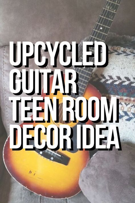 This teen bedroom decor idea is perfect for kids who love music. Learn how to make this creative upcycled guitar and have fun doing it, this also makes for a great gift idea! #diy #guitar #art Upcycle Guitar Ideas, Guitar Pick Art Diy, Guitar Bedroom Ideas, Guitar Room Decor, Guitar Crafts, Guitar Bedroom, Mother Daughter Projects, Boys Bedroom Makeover, Garden Frogs