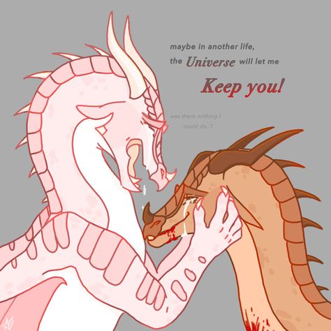 Pink/white dragon crying while he cups the face of another golden/brown dragon who smiles sadly up at the former, blood dripping down his lips
 The lyrics “Maybe in another life, the universe will let me keep you!” And in smaller text below, “was there.nothing I could do..?” From the song HYACINTHUS Wings Of Fire Oc, Fire Oc, Small Drawing, Maybe In Another Life, Wings Of Fire, In Another Life, Right Now, Angel