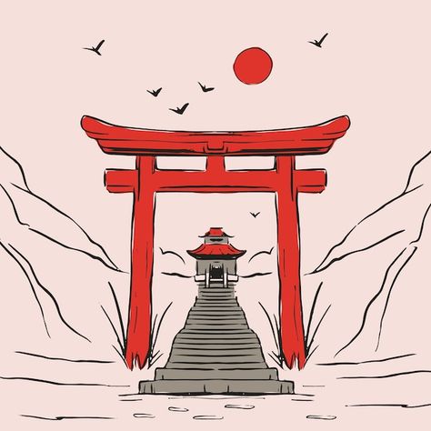 Japan Simple Drawing, Japanese Art Drawing Easy, Japanese Simple Drawing, Shinto Drawing, Japanese Drawing Aesthetic, Japanese Aesthetic Drawing, Japanese Art Easy, Chinese Temple Drawing, Japan Drawing Easy