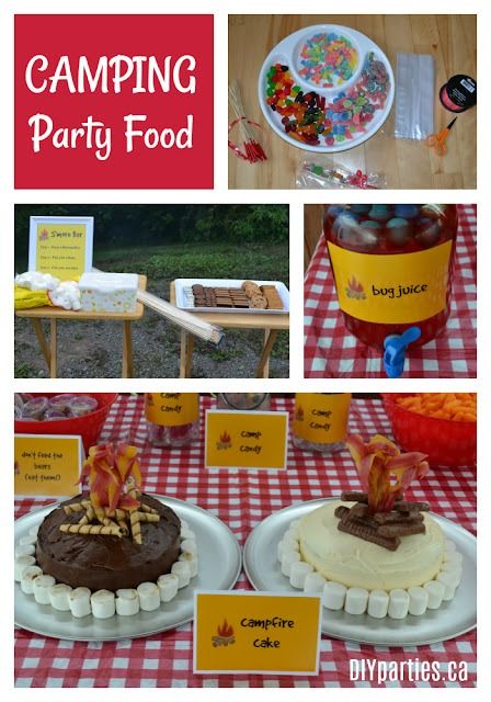 DIY Parties: Camping Party Food Ideas Mountain Themed Food, Camp Party Food, Camping Party Food Ideas, Camping Birthday Party Food, Camping Party Food, Camping Themed Party Food, Party Food For Toddlers, Camping Theme Cakes, Camping Party Foods