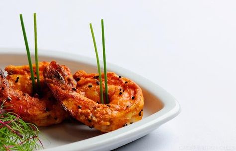 Kalonji Jhinga, Spicy Tiger Prawns (Life of Pi) TIGER prawns -- get it? Tiger Prawn Recipe, Tiger Prawn, Cooked Shrimp Recipes, Tiger Prawns, Great British Chefs, Prawn Recipes, Shellfish Recipes, Chaat Masala, Dinner Party Recipes