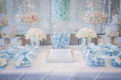 Light Blue And White Dessert Table, Candy Bar Ideas Blue, Silver Sequin Backdrop, White Candy Table, Candy Bar Cinderella Sweet Tables, White And Blue Candy Bar, Blue Candy Table, Silver Candy Buffet, Blue Candy Bars