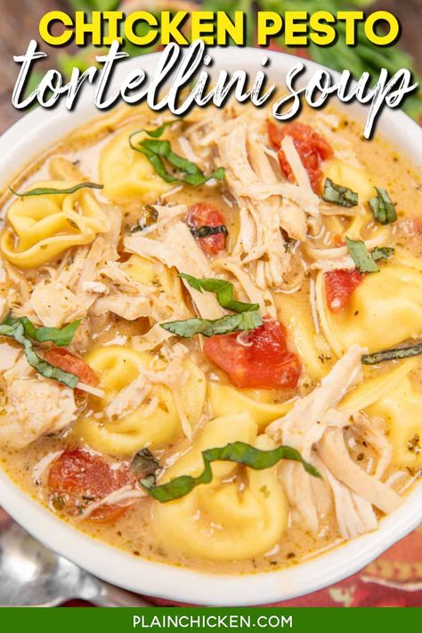 Chicken Pesto Tortellini Soup Pesto Tortellini Soup, Chicken Pesto Tortellini, Plain Chicken Recipe, Pesto Soup, Jarred Alfredo Sauce, Chicken Tortellini Soup, Pesto Tortellini, Chicken Tortellini, Pasta Chicken