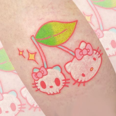 Cute Tattoo Sleeve, Hello Kitty Cherry, Kawaii Tattoos, Cherry Tattoo, Kitty Tattoos, Cherry Tattoos, Funky Tattoos, Hello Kitty Tattoos, Cute Tats