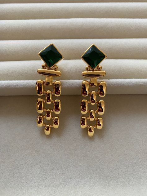 Green Drop Earrings, Emerald Green Outfit, Emerald Earring, Jewellery Pouch, Chain Earring, Chunky Earrings, Trending Necklaces, Jewellery Uk, Earrings In Gold