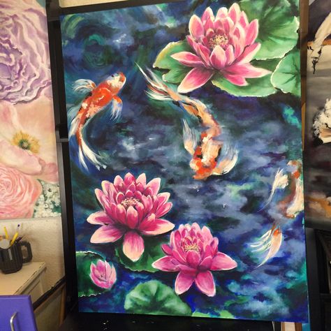 Koi fish pond with lotus flowers surrounding ... Colorful acrylic painting 30x40 Blues, pinks, greens, and oranges #fengshuiart #koi #lotus Tropical Fish Art Acrylic Paintings, Koi Fish Lotus Pond Painting, Pond Flowers Drawing, Koy Fish Paintings, Lotus Flower Painting Acrylics, Koi Fish Painting Acrylics, Lotus Painting Acrylic, Koi Fish Pond Painting, Lotus Acrylic Painting