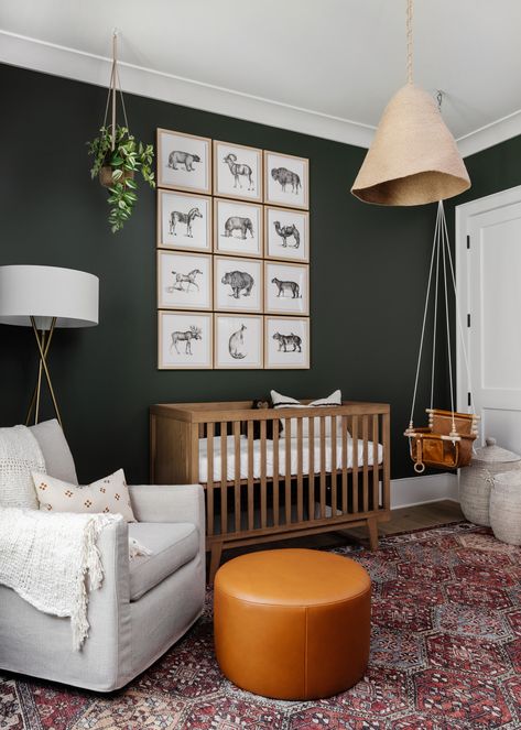 Dark Paint Nursery, Dark Theme Nursery, Iron Ore Nursery, Transitional Style Nursery, Dark Color Nursery, Rustic Modern Nursery, Nursery Ideas Moody, Moody Neutral Nursery, High Contrast Nursery