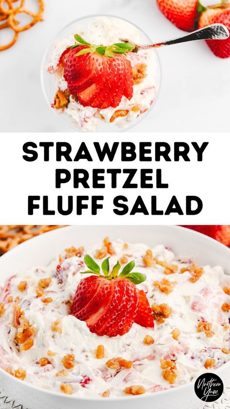 Strawberry Salad with Pretzels Strawberry Pretzel Fluff, Pretzel Fluff Salad, Pretzel Fluff, Salad In A Bowl, Strawberry Pretzel Jello Salad, Jello Pretzel Salad, Strawberry Pretzel Salad Recipe, Strawberry Pretzel Dessert, Easy Fruit Salad Recipes