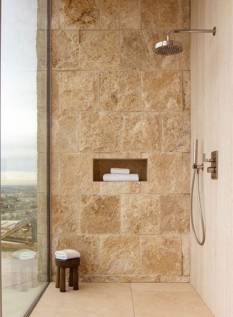 Bathroom Stone Wall, Natural Stone Tile Bathroom, Stone Tile Bathroom, Eco Outdoor, Stone Feature Wall, Modern Bathroom Ideas, Contemporary Mediterranean, Unique Bedroom Design, Stone Wall Design