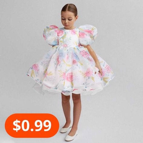 Girls Fashion Casual Puff Sleeve Princess Dress Flower Girl Outfit, Birthday Tutu Dress, Tulle Flower Girl, White Flower Girl Dresses, Satin Tulle, Top Wedding Dresses, White Dress Party, Girl Princess Dress, Dress Shirts For Women