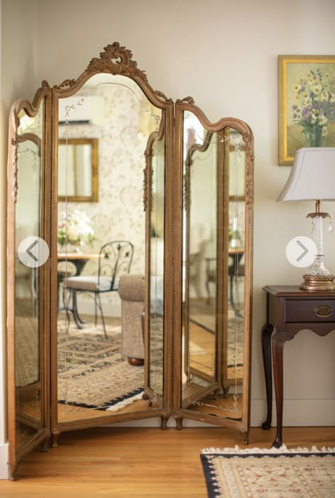 Luxe Maximalist, Maximalist Vanity, Antquie Mirror, Fitting Room Mirror, Dreamy Bedrooms Romantic Tall Mirror, Antique Gold Mirror Aesthetic, Vintage Standing Mirror Aesthetic, Gold Vintage Mirror Aesthetic, Cottage Core Interior