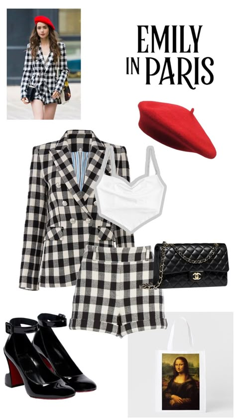 Emily in Paris outfit 
Checker suite , jacket and shorts , louboutin , Chanel black bag , bag Mona Lisa,  white top, red beret Emily In Paris Party, Emily In Paris Outfits Inspiration, Emily En Paris, Emily Outfit, Emily In Paris Inspired Outfits, Emily Outfits, Emily Em Paris, Emily In Paris Fashion, French Outfits