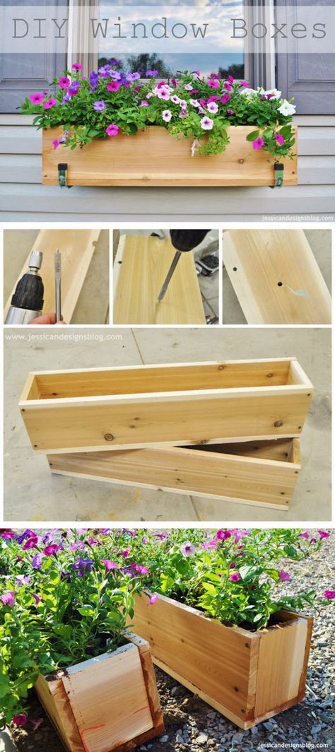 Flowers In Wooden Boxes, Window Pots Flower Boxes, Window Planter Box Ideas, Window Flower Box Ideas, Diy Window Planter, Planter Box Ideas, Window Planter Box, Wooden Window Boxes, Cedar Window Boxes