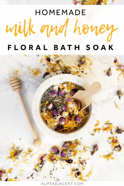 Learn how to make a floral DIY milk bath with powdered milk and honey. This easy homemade bath soak recipe is incredibly nourishing and moisturizing to dry skin. You can also use coconut milk powder for a vegan coconut milk bath! #alifeadjacent #bathandbody #bathsoak #DIYspa Milk And Honey Bath Soak, Honey Bath Soak, Milk And Honey Bath, Bath Tea Recipe, Floral Bath Soak, Diy Bath Soak, Milk Bath Recipe, Bath Soak Recipe, Honey Bath