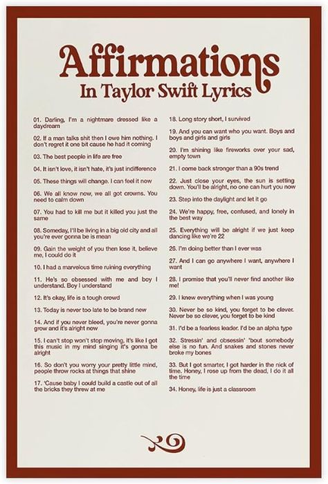 AFFIRMATIONS In Taylor Poster Swift Lyrics Poster 4 Canvas Poster Bedroom Decor Sports Landscape Office Room Decor Gift Unframe-style Unframe-style12x18inch(30x45cm) Taylor Swift Office, Affirmations Taylor Swift Lyrics, Taylor Swift Affirmations, In Taylor Swift Lyrics, Taylor Poster, Music Bracelet, Taylor Swift Bracelets, Swift Bracelets, Songs With Meaning