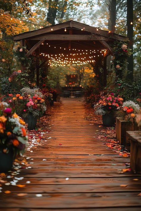 Autumn Wedding Arch, Gazebo For Wedding, Rustic Gazebo, Fall Wedding Leaves, Fall Forest Wedding, Beautiful Gazebo, Nighttime Wedding, Fall Living Room Ideas, Cozy Fall Living Room