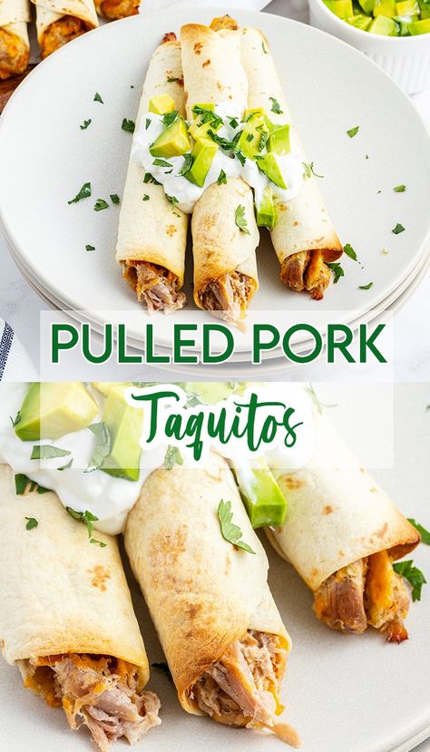 Shredded Pork Mexican Recipes, Pulled Pork Roll Ups, Pork Taquitos Baked, Pulled Pork Taquitos Air Fryer, Pork Wraps Tortillas, Pork Flautas Recipe, Taquitos Pork, Pork Quesadilla Recipes, Carnitas Taquitos